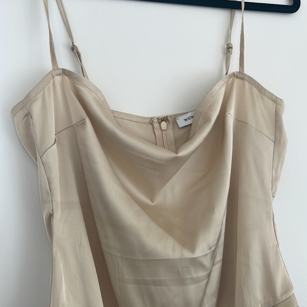 WeWoreWhat Strappy Satin Chiffon Bodysuit in Crème Brûlée - Picture 8 of 10